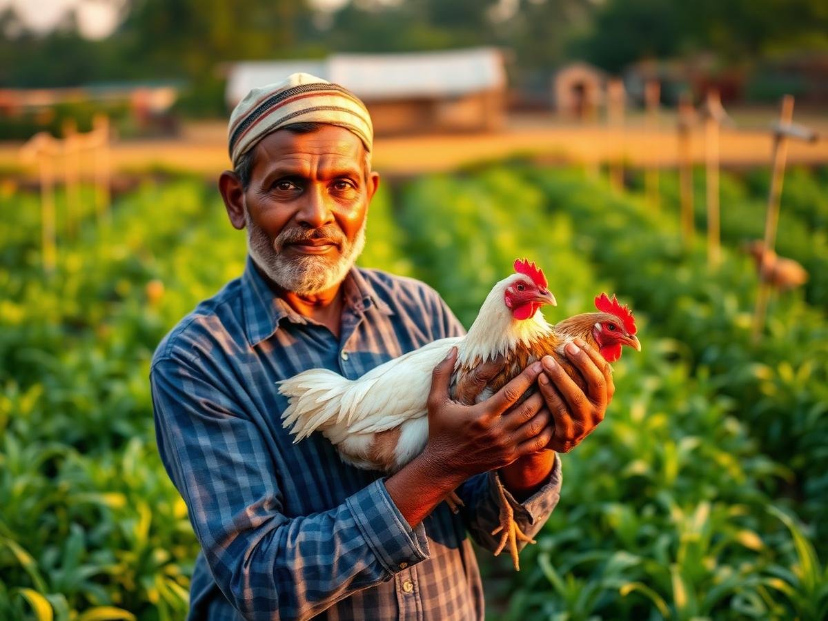 Farmer holding country chicken at Sivagami Poultry Farm Dharmapuri
